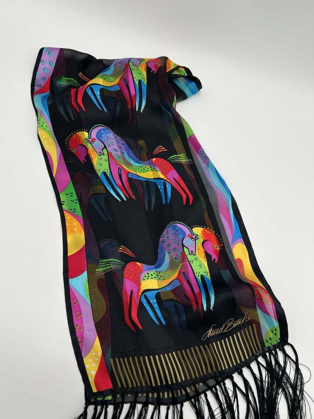 Laurel Burch Silk Scarf Signed Colorful Horses Black Long Fringe 54x11 Vintage - Picture 6 of 6
